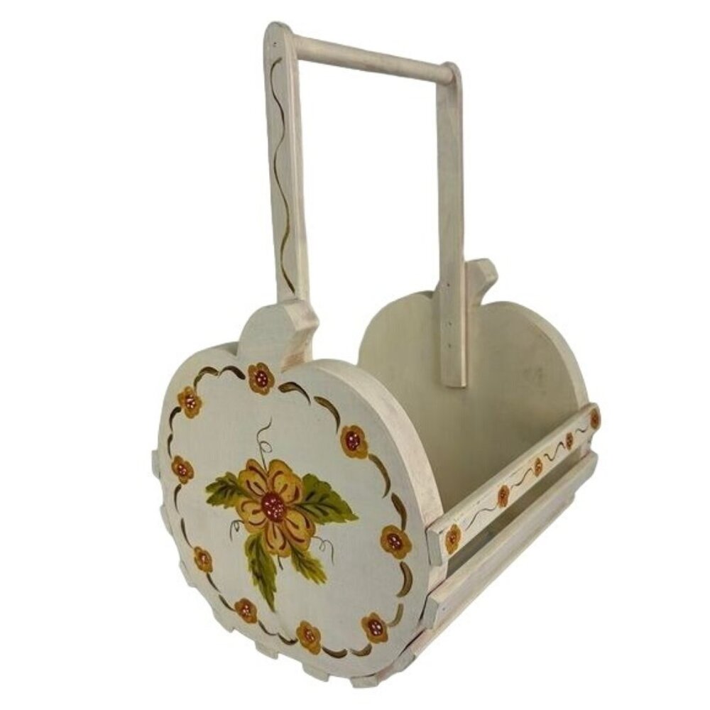 Hand Painted Craft Painted Pumpkin Floral Wooden Basket Fall Decor Orange Read